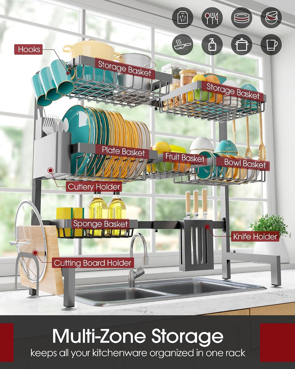 Sakugi Over The Sink Dish Drying Rack - Adjustable 3 Tier XX-Large Capacity S...