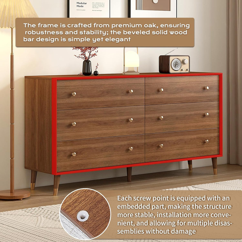 Messenya Dresser for Bedroom, 55 Inch 6 Drawer Wooden Chest of Drawers