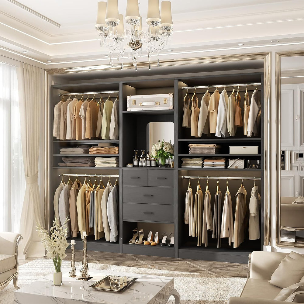 Unikito 97” Closet System with Mirror & 4 Drawers, 8.1FT Heavy Duty Wood ...