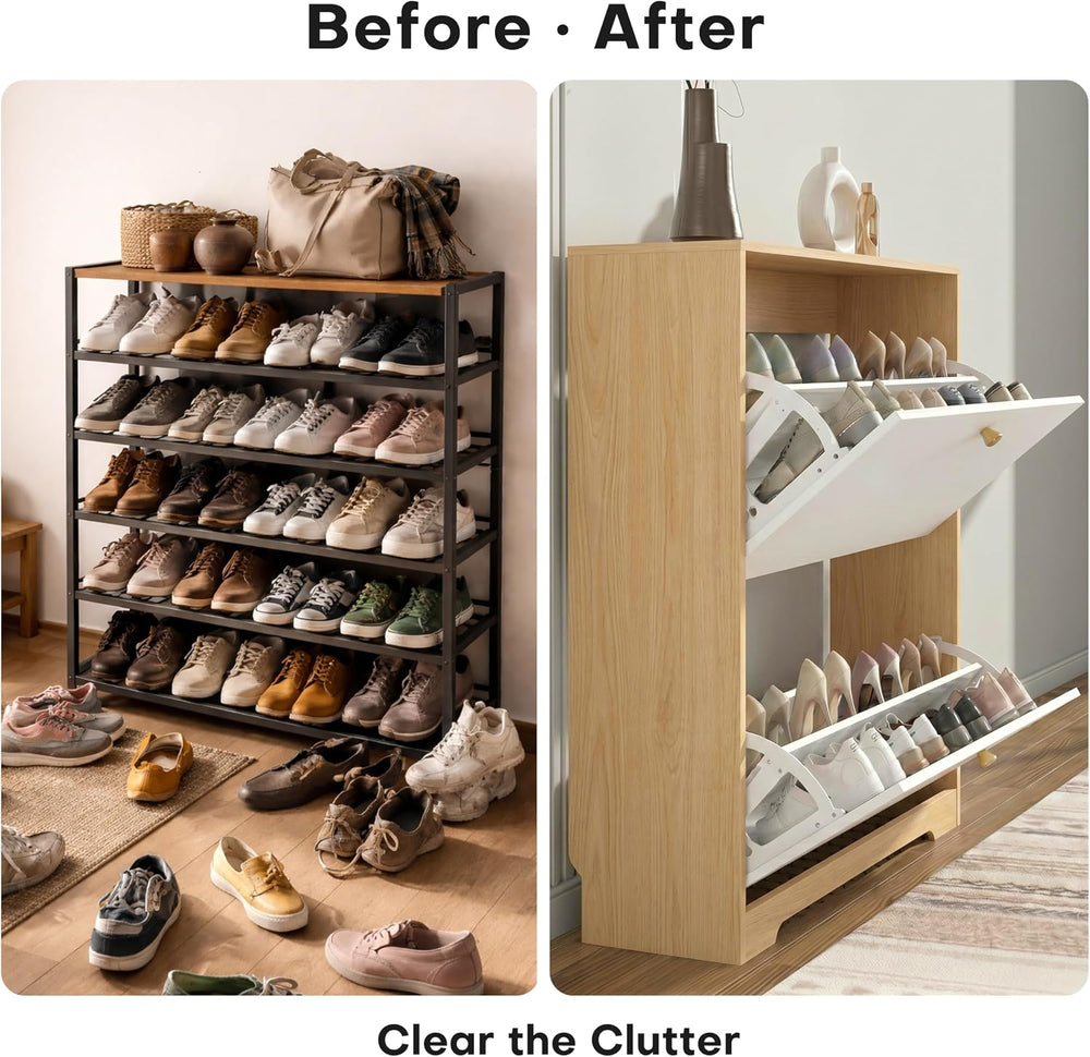 Nicetree Shoe Storage Cabinet with 2 Flip Drawers, Natural Oak and White