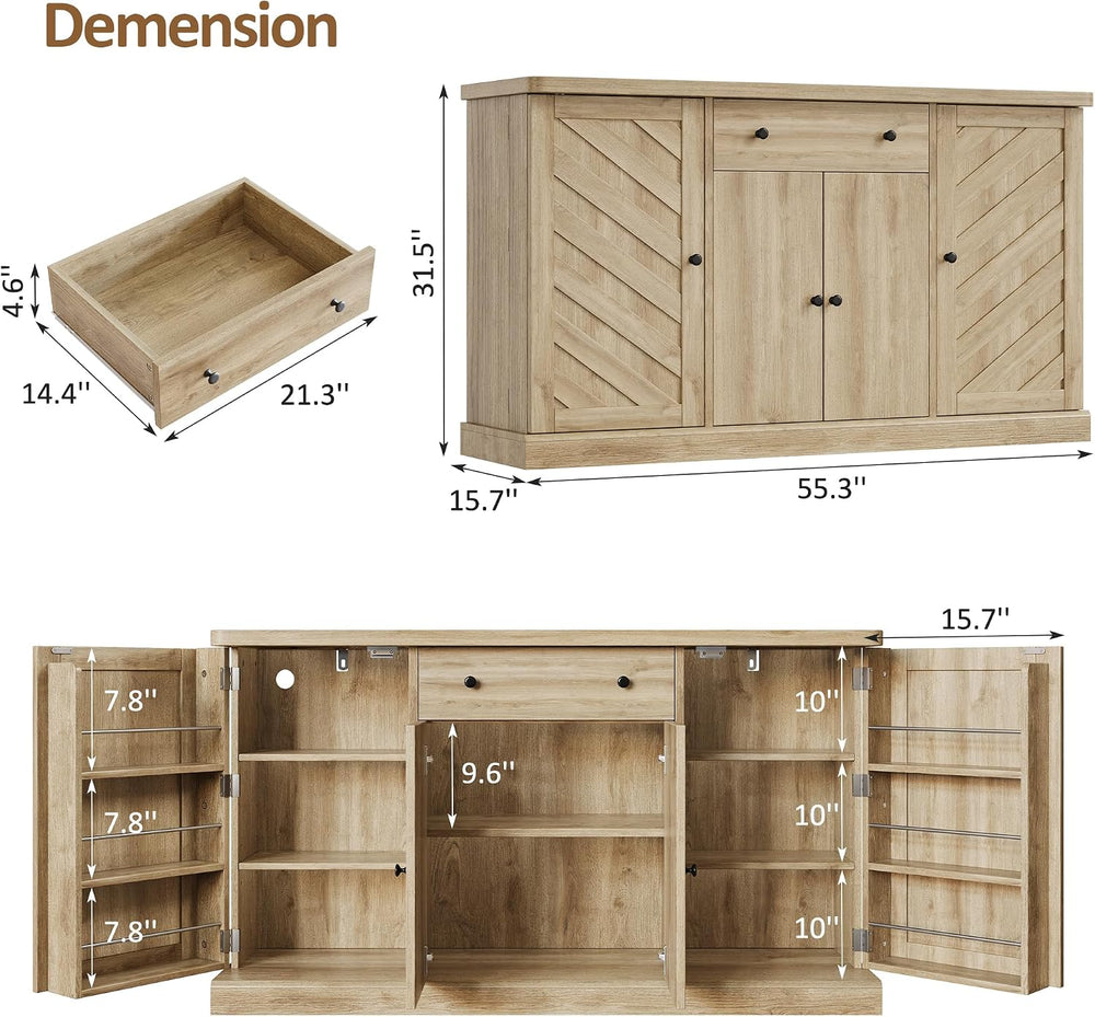 55"W Farmhouse Sideboard Buffet Cabinet with Storage,Kitchen Cabinet,Wood