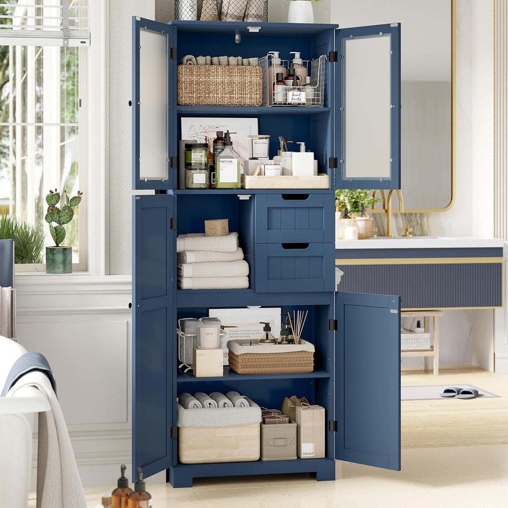 67'' Tall Bathroom Storage Cabinet, Linen Cabinet with Glass Doors an...