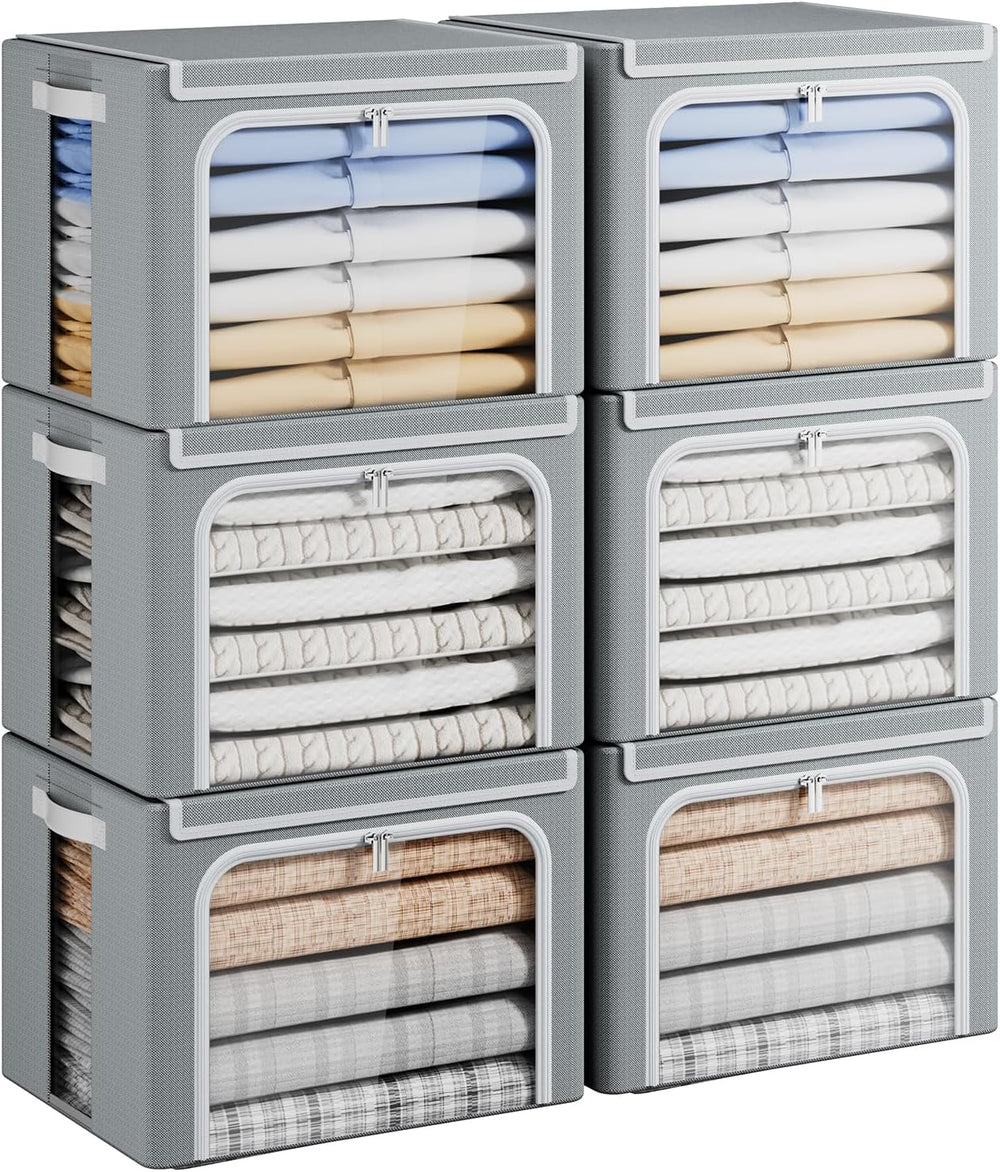 Yecaye Stackable Clothes Storage Bins with Lid, Grey, 40L, 6 Pack