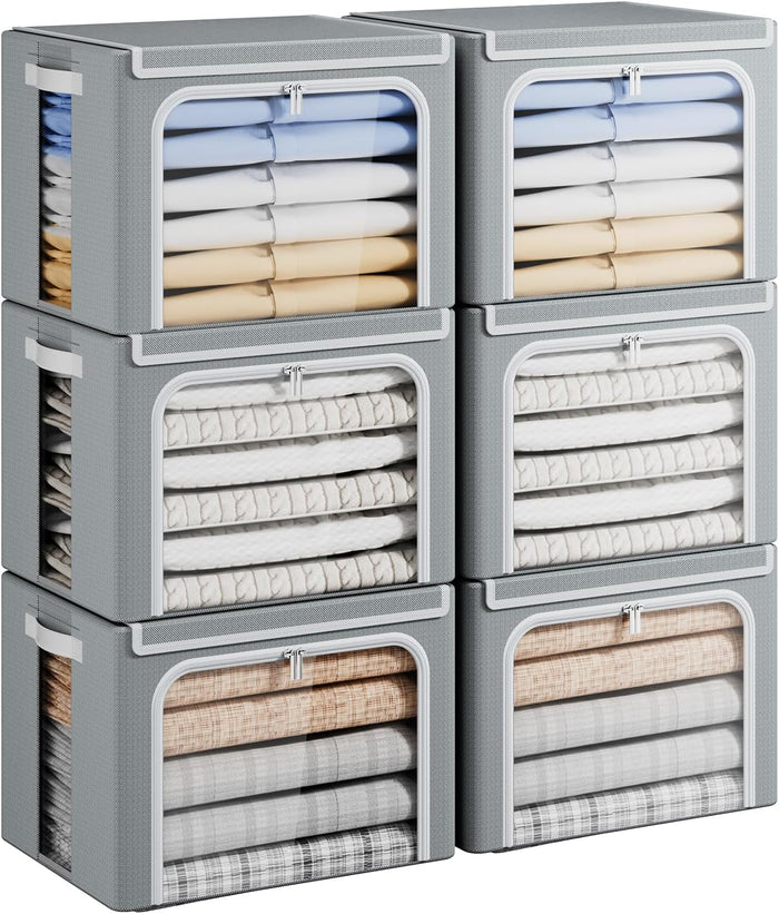 Yecaye Stackable Clothes Storage Bins with Lid, Grey, 40L, 6 Pack