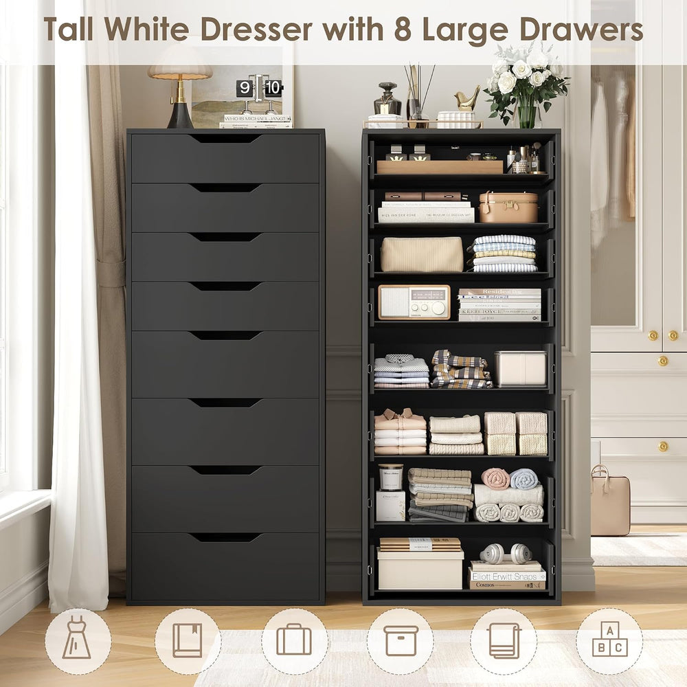 FACBOTALL 44.5" Tall Black Dresser, 8 Drawer Dresser with Groove Handles