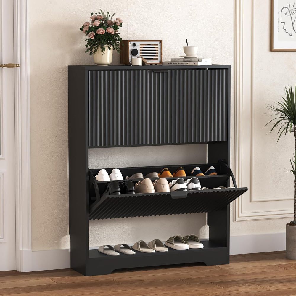 HUANLEGO Shoe Cabinet Storage for Entryway with 2 Flip Drawers, Black Fluted ...