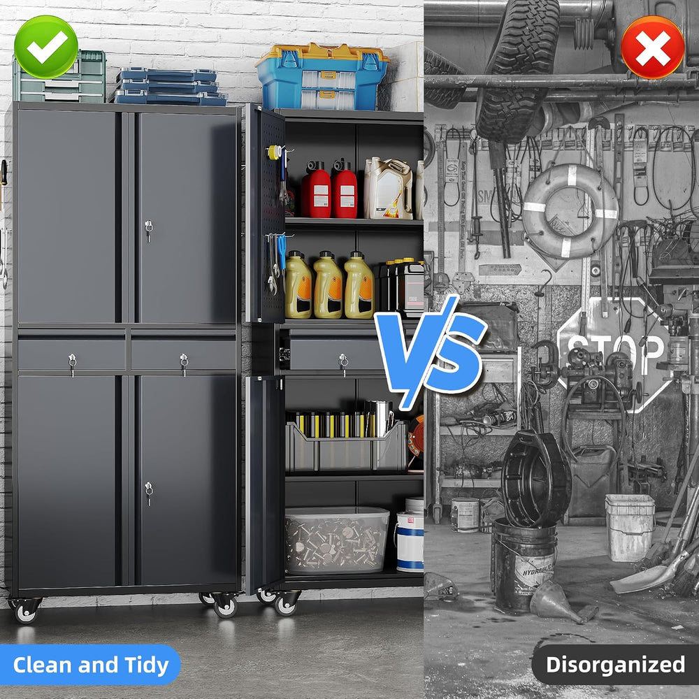 SUXXAN 71-Inch Metal Garage Cabinet with 2 Drawers and Pegboard Doors