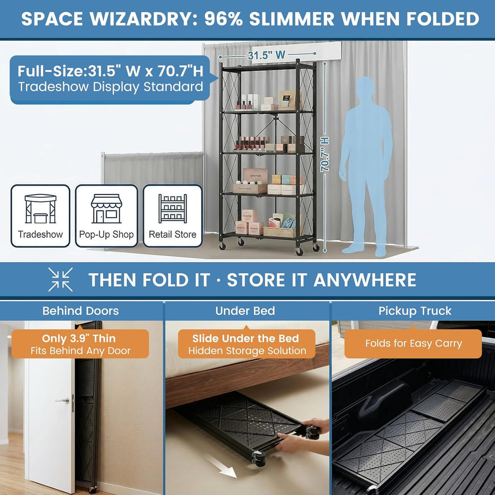 ALANNG 70.7" H Metal Storage Shelves, 5 Tier Folding Shelf on Wheels
