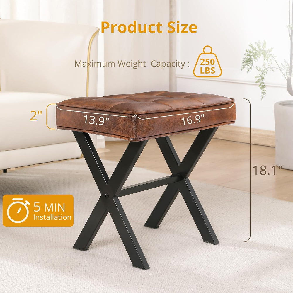 LUE BONA Vanity Stool, Square Faux Leather Makeup Stool with Metal X Legs, Sm...