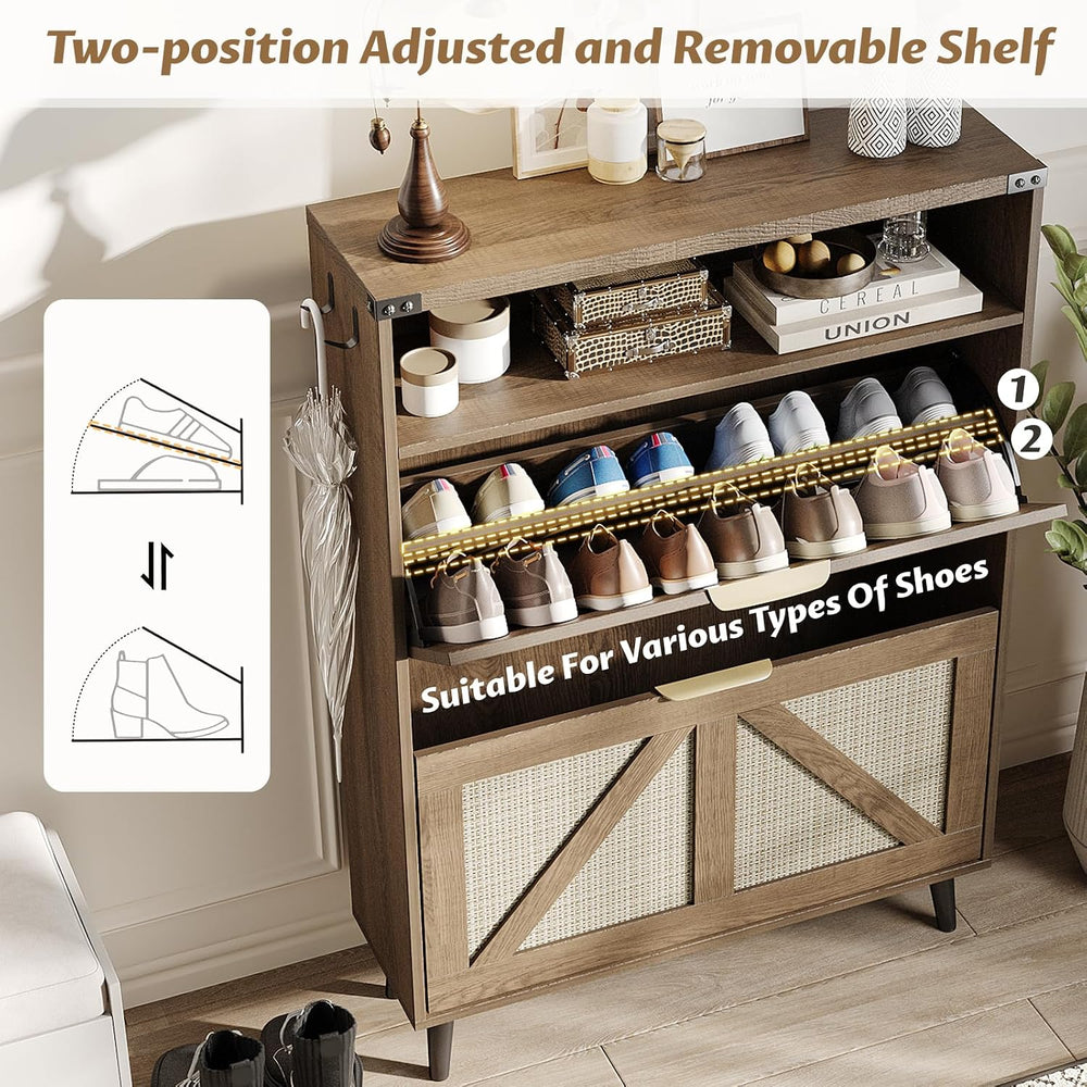 Halitaa Shoe Cabinet with 2 Flip Drawers & Open Storage,Farmhouse Shoe St...