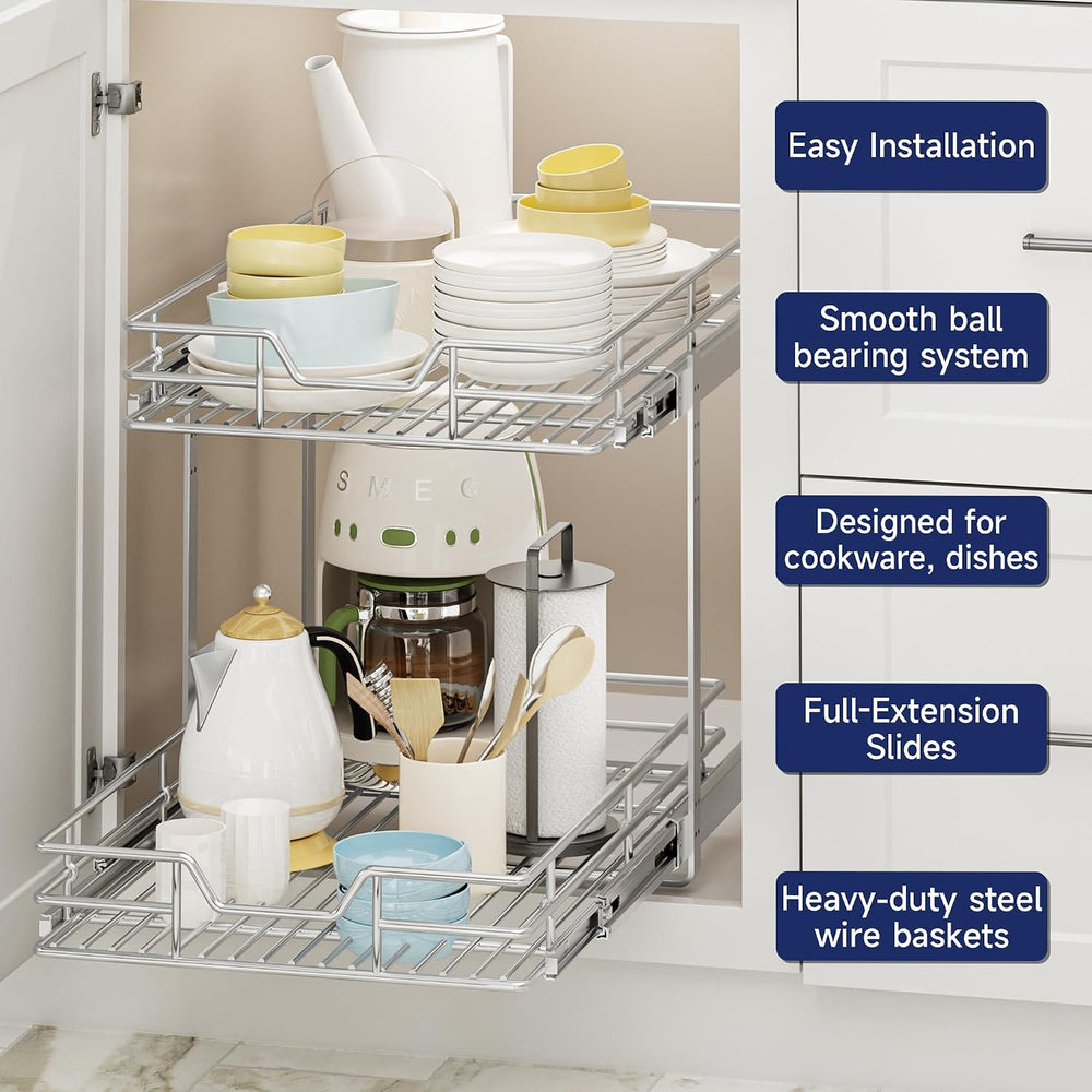 2-Tier Pull Out Cabinet Organizer, 16.5" W x 21.5" D, Heavy Duty Du...