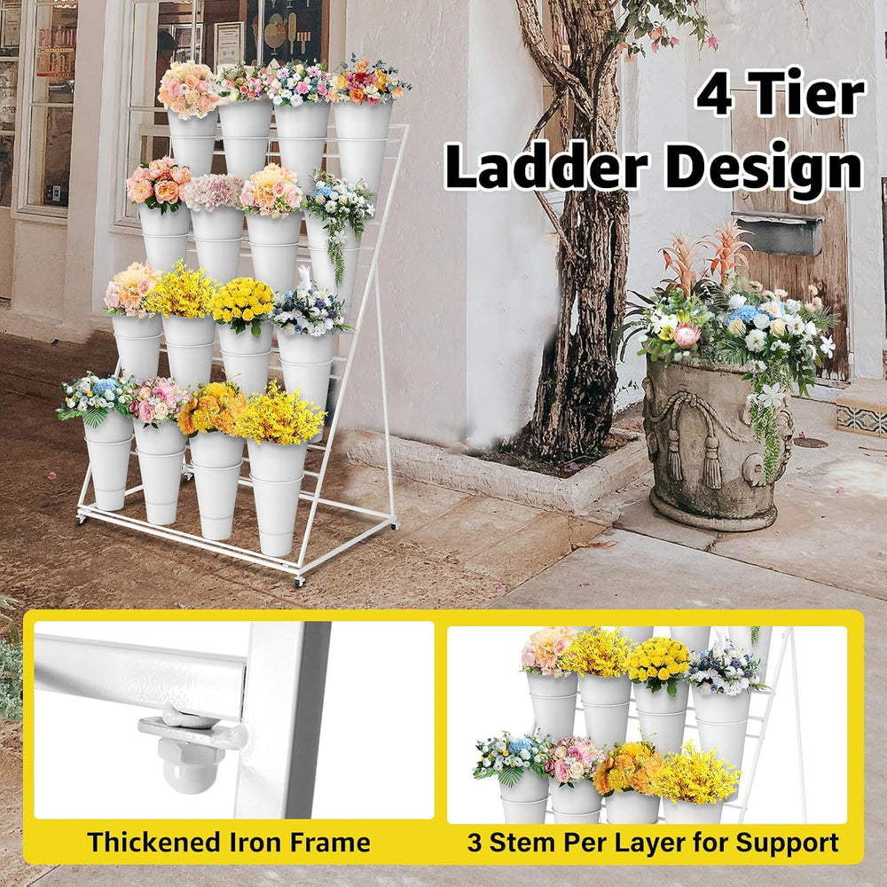 Flower Display Stand, 4 Tier Heavy Duty Moving Plant Cart Shelf with 16 Bucke...