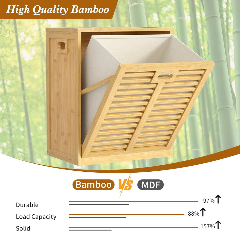 VASMIA Tilt Out Laundry Hamper, Bamboo Laundry Cabinet with Hidden Removable ...