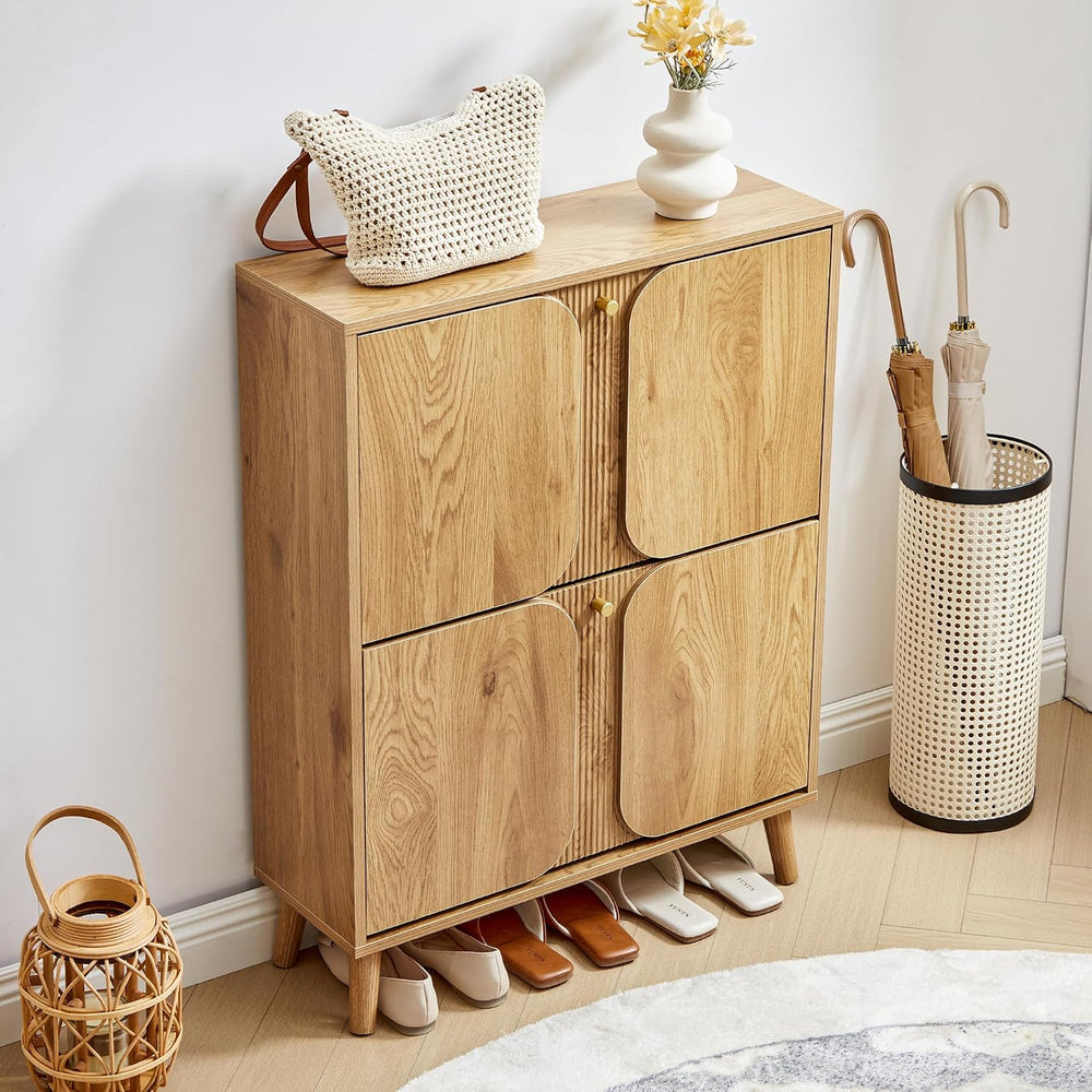 BERRYMERRY Natural Shoe Cabinet with 2 Flip Drawers Fluted Recessed