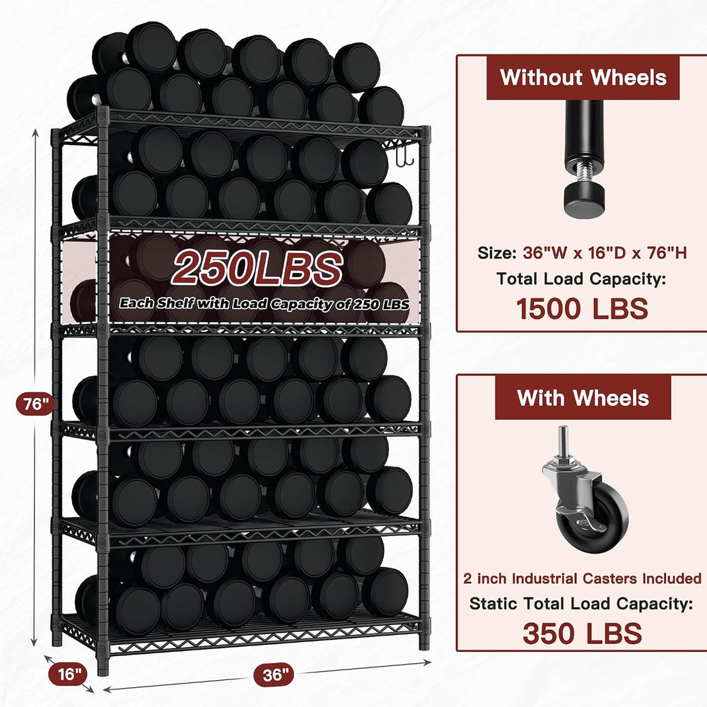 PrimeZone 6 Tier Wire Shelving with Wheels 79''H 1500lbs Storage Shelves