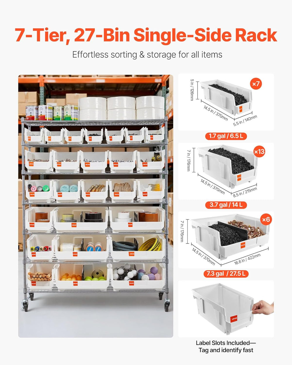 VEVOR 7-Tier Rolling Bin Storage Rack, 26 Organizer Bins, Bin Rack Storage St...