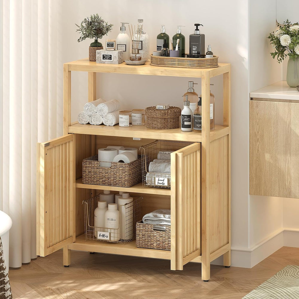 Bamboo Bathroom Storage Cabinet Furniture, Bathroom Floor Cabinet with 2 Shut...