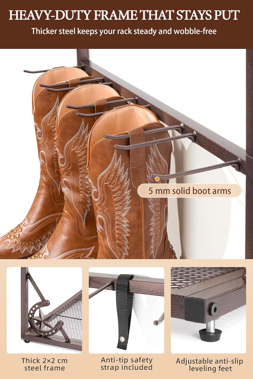 Western Boot Rack for 6 Pairs, 74" Freestanding Cowboy Boot Stand, Bronze