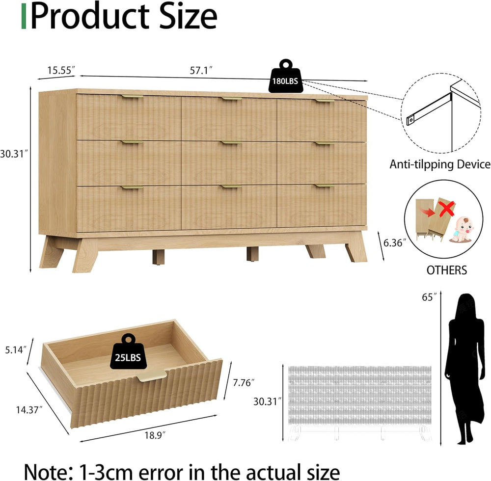 Fluted Dresser for Bedroom with 9 Drawers, 57" Wide Modern Chest of Draw...