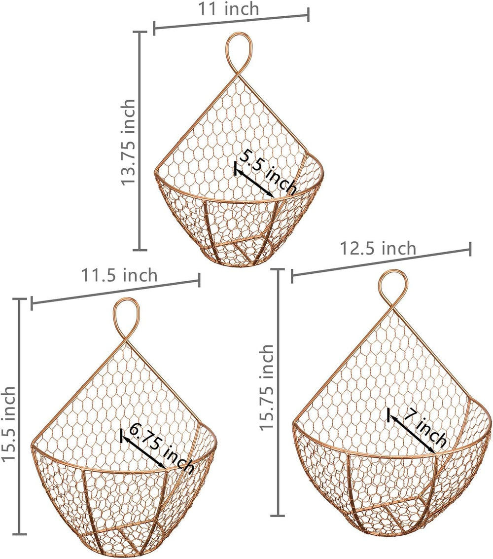 MyGift Set of 3, Farmhouse Copper Metal Wire Mesh Wall Hanging Baskets, Wall-...