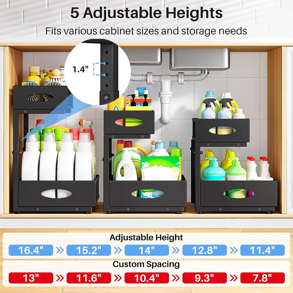 Under Sink Organizer, 2 Pack 2 Tier Pull Out Under Cabinet Organizer Shelf wi...