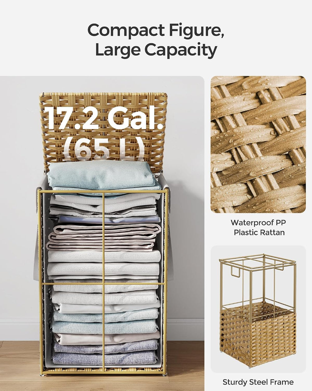 SONGMICS Laundry Hamper with Lid, 17.2 Gallon (65 L) Synthetic Rattan Clothes...