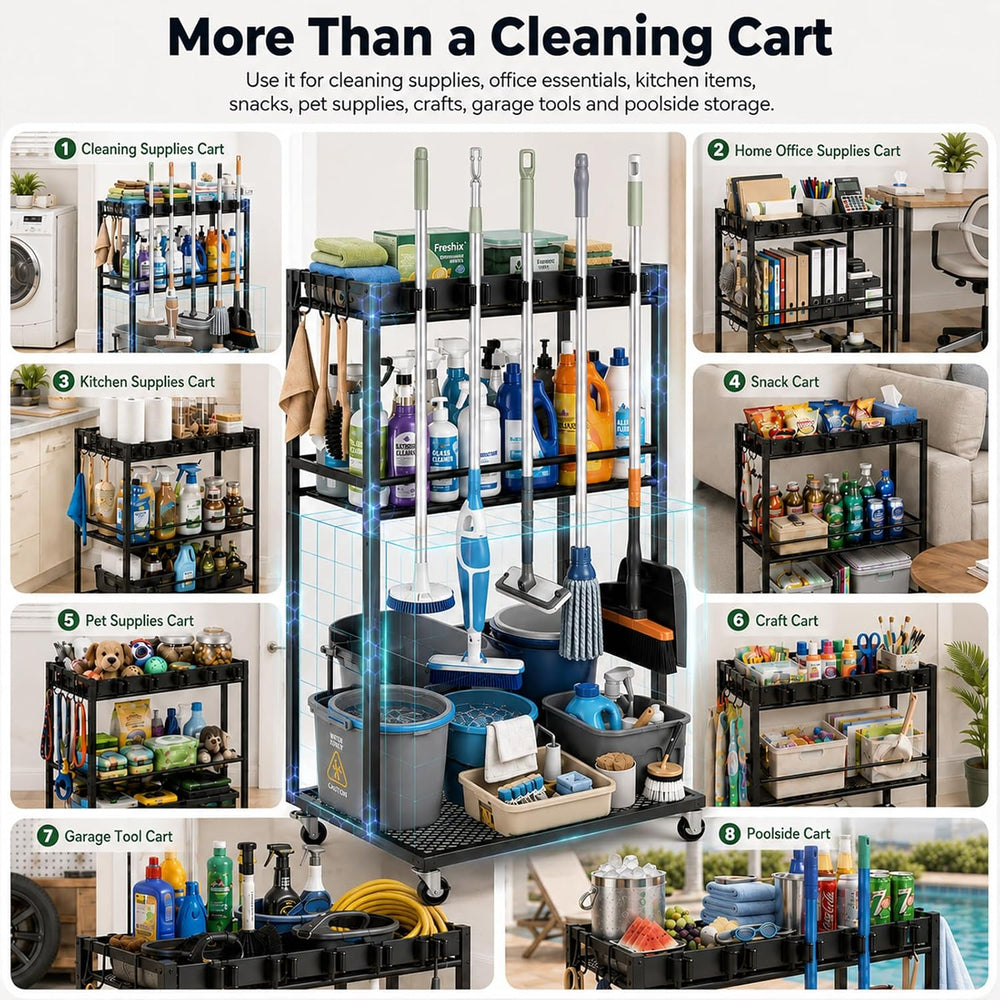 Cleaning Supplies Organizer Cart with Wheels, Broom and Mop Holder with 5 Gri...