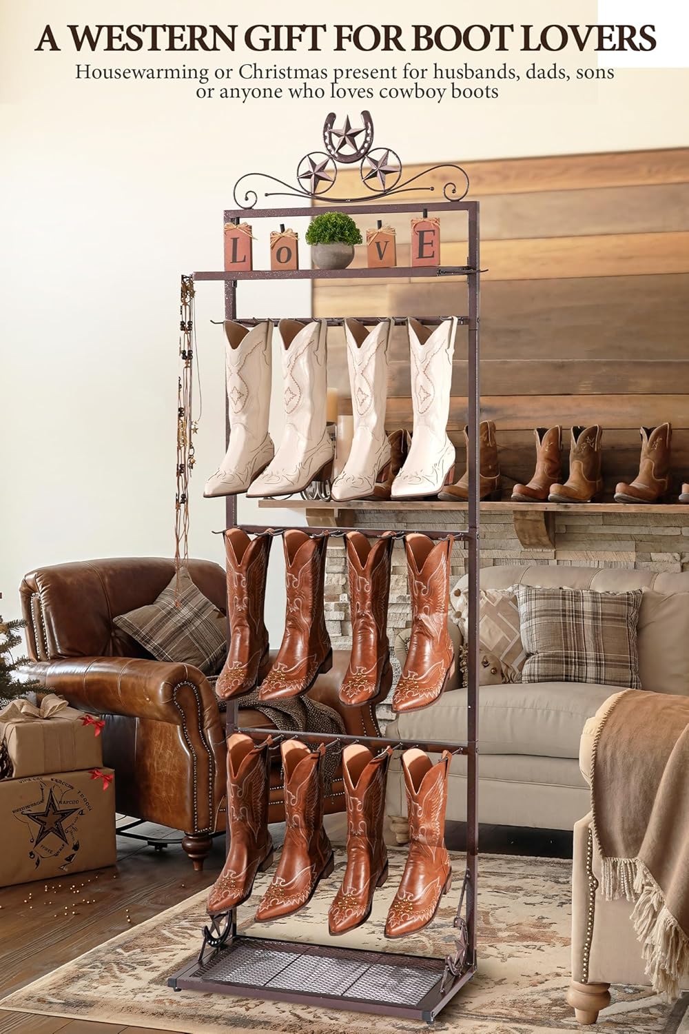 Western Boot Rack for 6 Pairs, 74" Freestanding Cowboy Boot Stand, Bronze