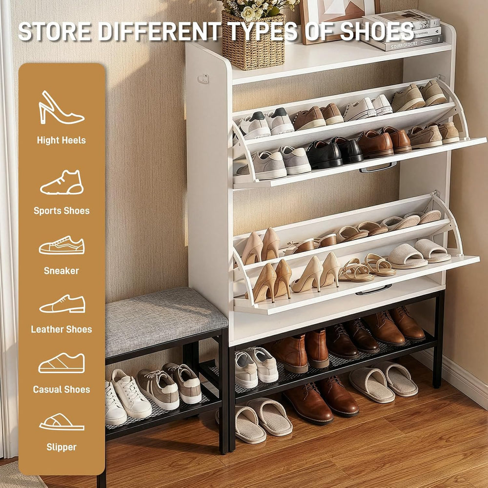 Karl home White Farmhouse Shoe Cabinet, Cushioned Entryway Bench Organizer