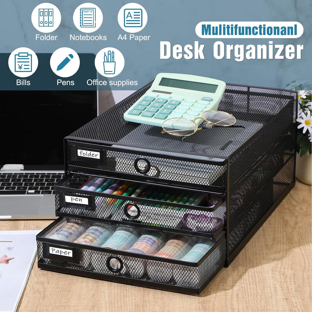 Zhanmai 1 Pack Black Desk Organizer Total Wire Mesh with Drawer, 3 Tier