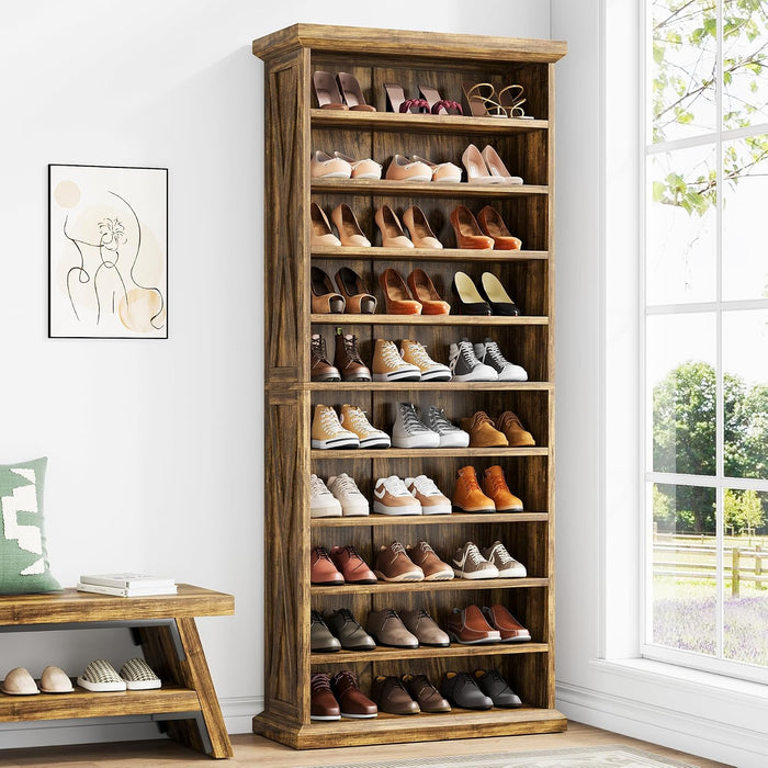 10-Tier Wooden Shoe Rack with 8 Adjustable Shelves, Rustic Brown