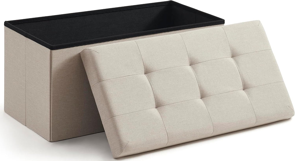 Ornavo Home 30 Inch Folding Storage Ottoman Bench, Tufted Linen, Beige