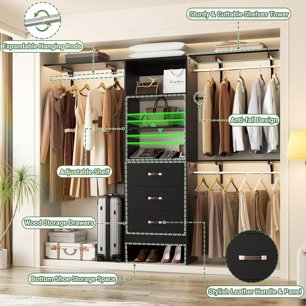 Besiost Closet System with Drawer - 8FT Wood Closet Organizer System with 3 H...