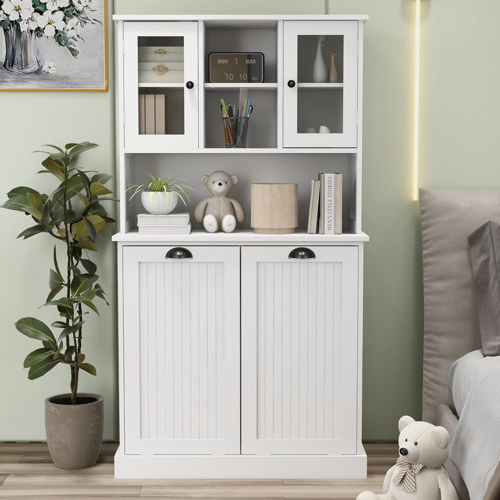RASOO Tilt-Out Laundry Cabinet White Tall Bathroom Storage Cabinet Laundry Ha...