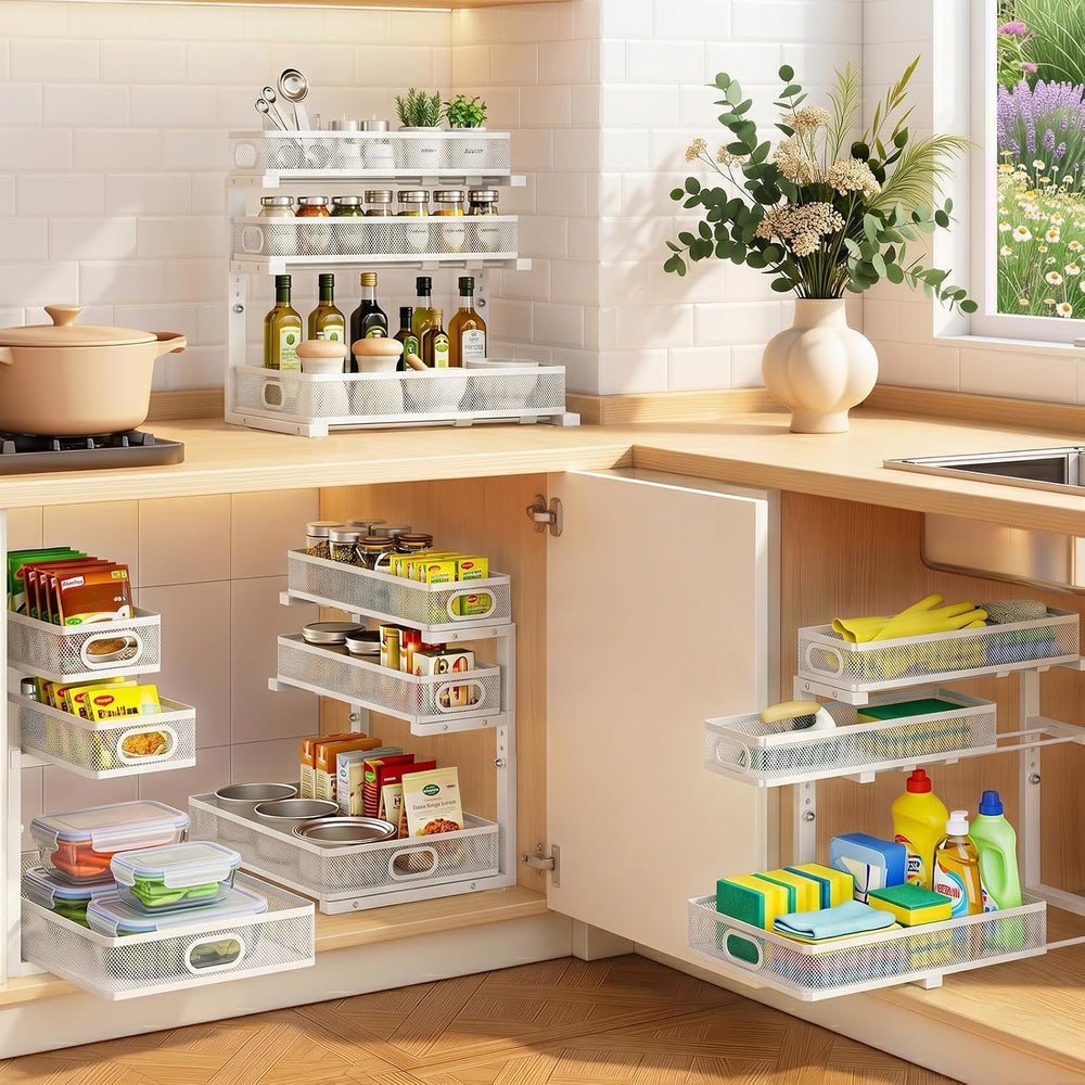 Under Sink Organizer 3 Tier, 2 Pack L-Shaped Pull-Out Cabinet Organizer with ...