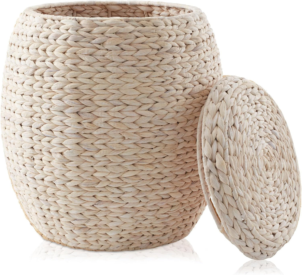Casafield Round Storage Basket with Lid - Whitewash, Handwoven Water Hyacinth...