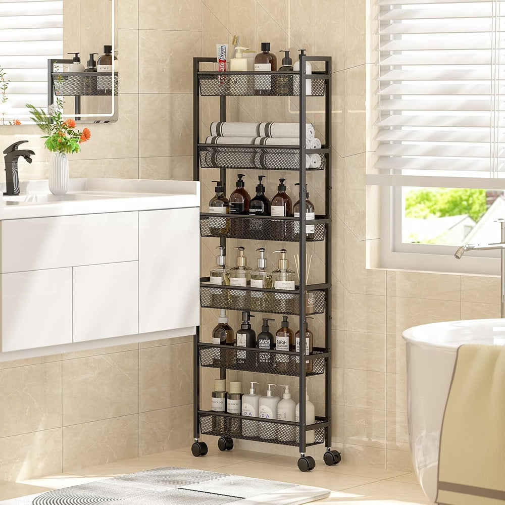 ThreeHio 6 Tier Slim Storage Cart, Narrow Cart with Wheels, Metal Mobile Shel...