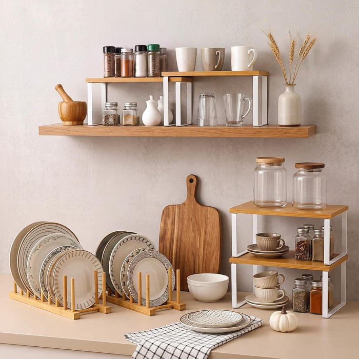 8 Pcs Kitchen Organizer Accessories Set Stackable Cabinet Organizer Shelf and Bamboo Plate Holder Dish Rack for Plates Bowls Pot Lids Cups Glasses Cutting Boards Countertop Storage (White)