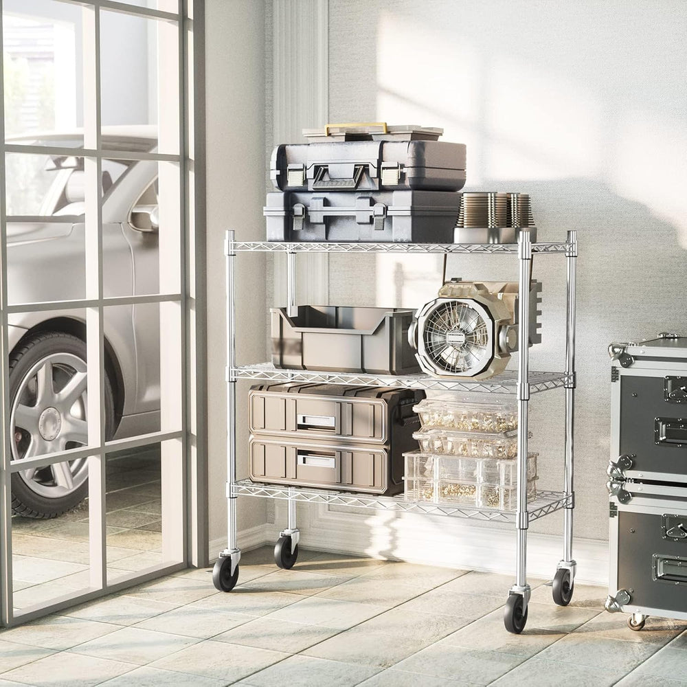 Auslar 3-Tier Storage Shelves with Casters Heavy Duty Metal Shelving Chrome