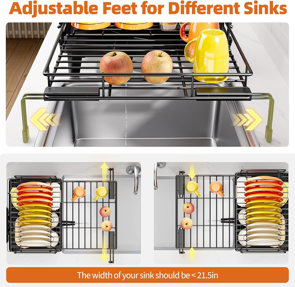 Urackify Expandable Sink Dish Drying Rack for Kitchen Counter, 2-Tier Black