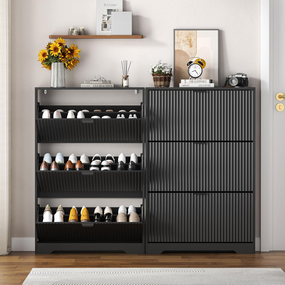 HUANLEGO Shoe Cabinet Storage for Entryway with 3 Flip Drawers, Black Fluted ...