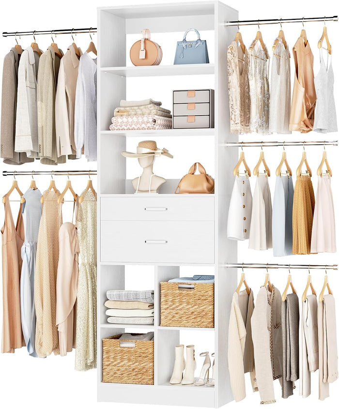 Besiost Small Closet System, 3.2-6.8FT Small Closet Organizer with 2 Wooden Drawers & 5 Hanging Rods, Can Fit 37.5 to 81.9 inch Walk-in Closet System, Built-in, White, Enclosed Storage Volume 2.32 ft³