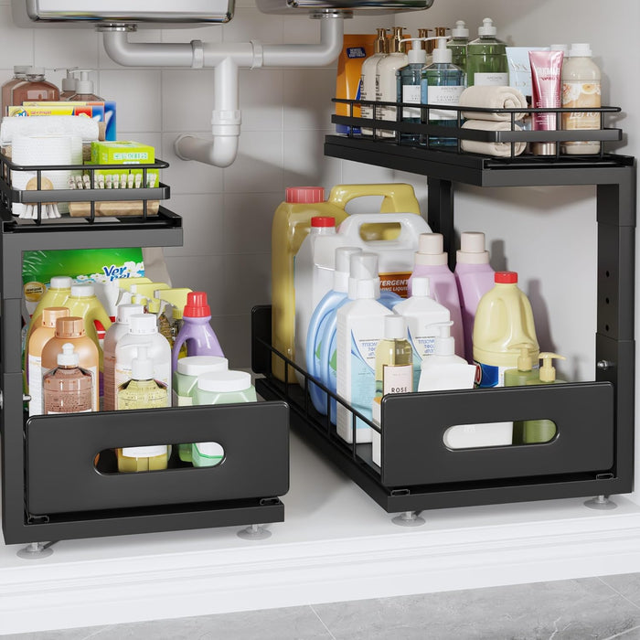 Under Sink Organizer Upgrade To Professional Rails,2-Tier Dual Pull Out Cabinet Storage,Height Adjustable Slide Out Drawers For Bathroom Kitchen,2 Pack-18.5"Dx12.8"-16.9"H,Black