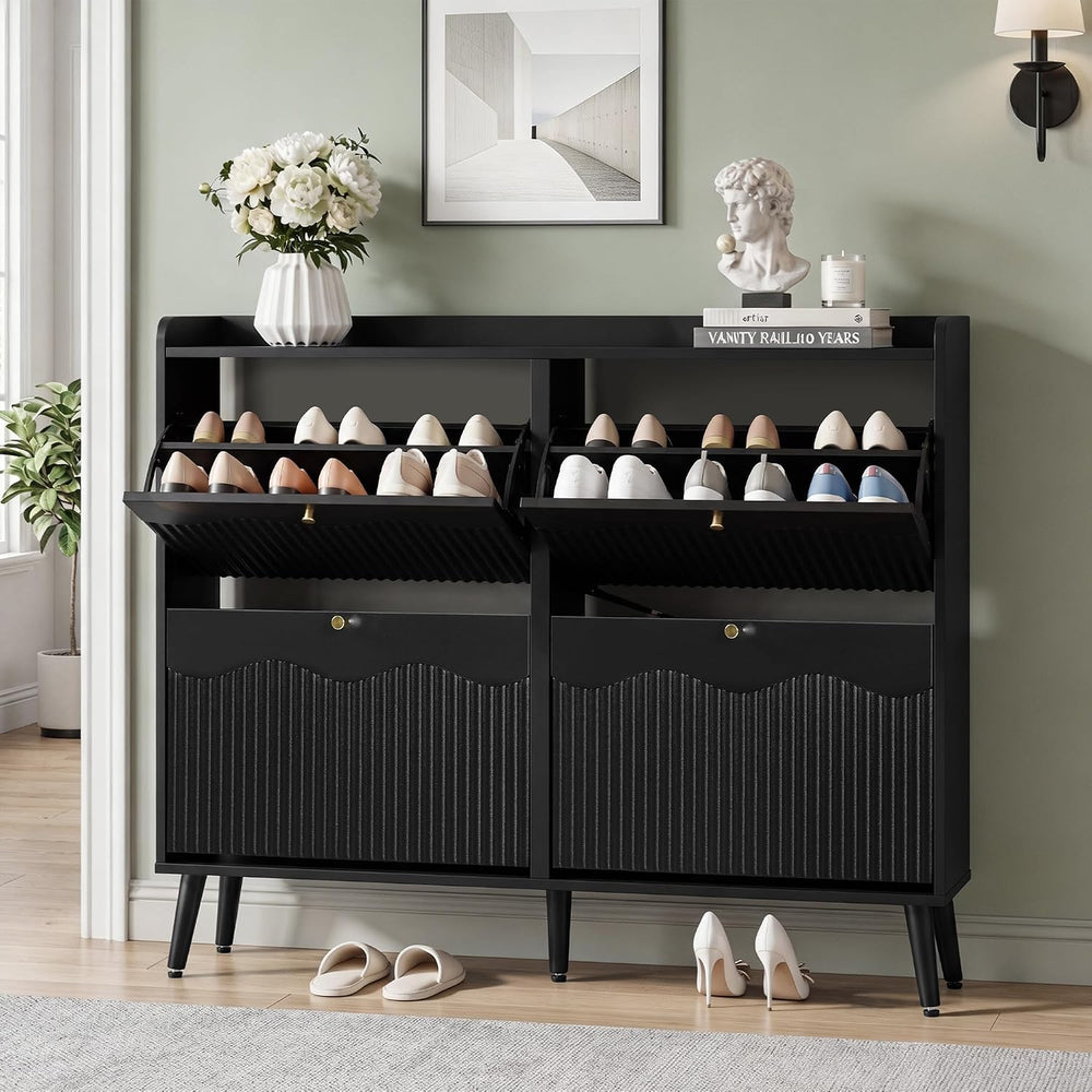 BERRYMERRY Black 47.2” Shoe Storage Cabinet with 4 Flip Drawers