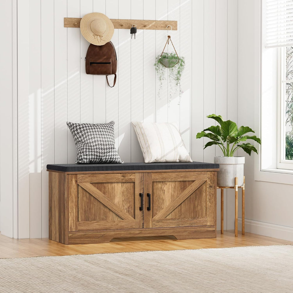 HOMSHO Farmhouse Shoe Storage Bench with 2 Barn Doors & Padded Seat Cushion