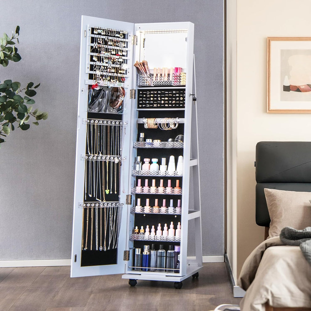 LOKO 360° Rotating Jewelry Organizer, Lockable Jewelry Armoire (White)
