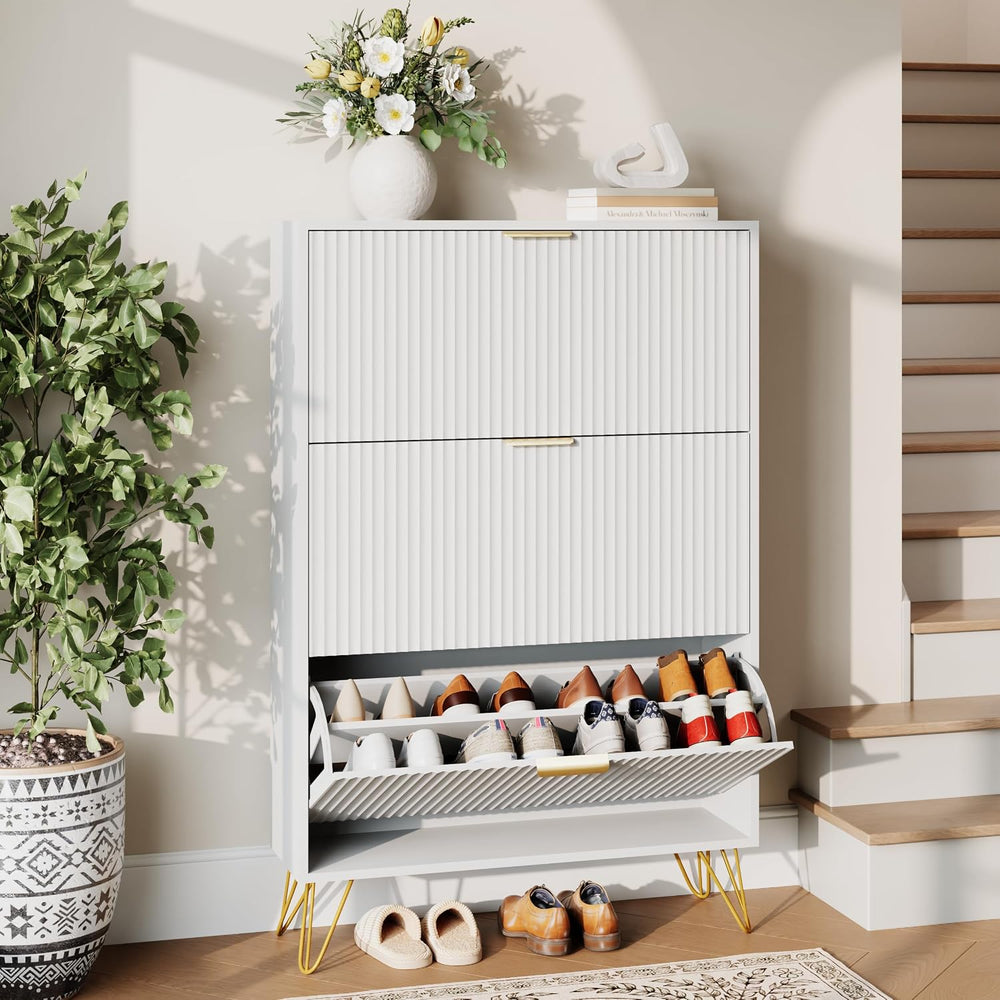 48"H Fluted Shoe Storage Cabinet with 3 Flip Drawers for Entryway, White