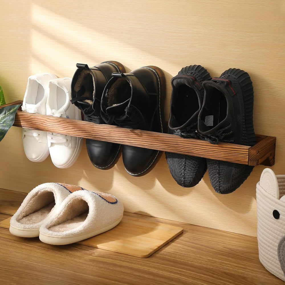 Wenqik 2 Pcs Wall Mounted Wooden Shoe Rack Wood Wall Hanging, Burnt Wood