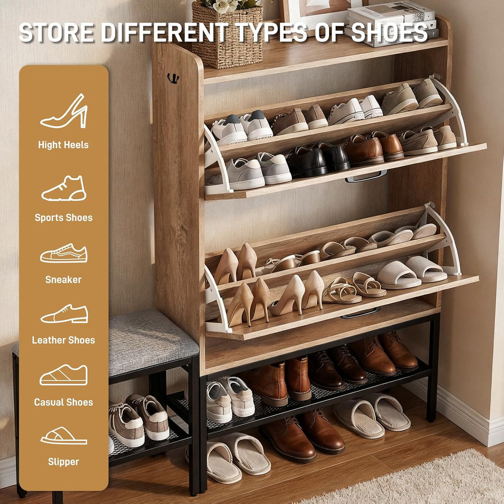 Karl home Grey Farmhouse Shoe Cabinet, Cushioned Entryway Bench Organizer