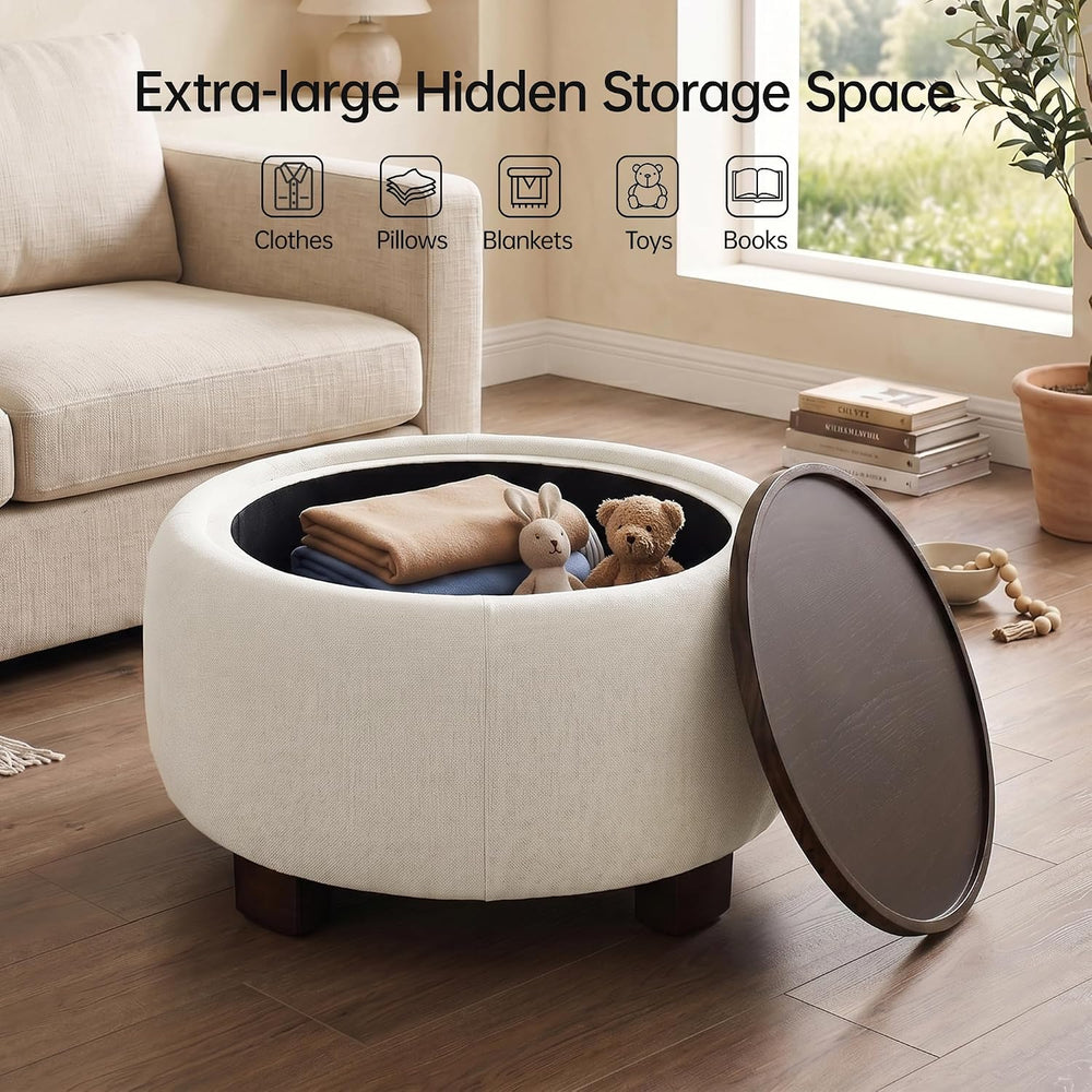 VKNOW 30 Inch Chenille Round Storage Ottoman with Wood Lift-Off Lid, Beige